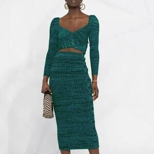 Self-Portrait Green Black Ribbed Crossover Top & Midi Skirt Size M